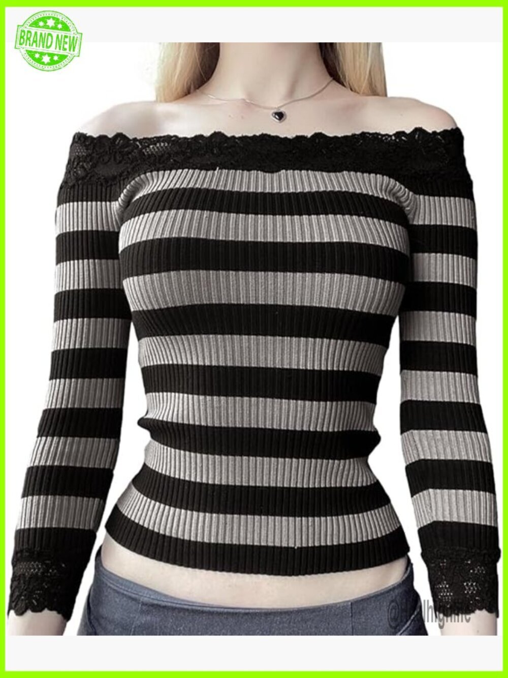 Off Shoulder Crop Top Y2k Long Sleeve Lace Trim Ribbed Stripe Slim Fit